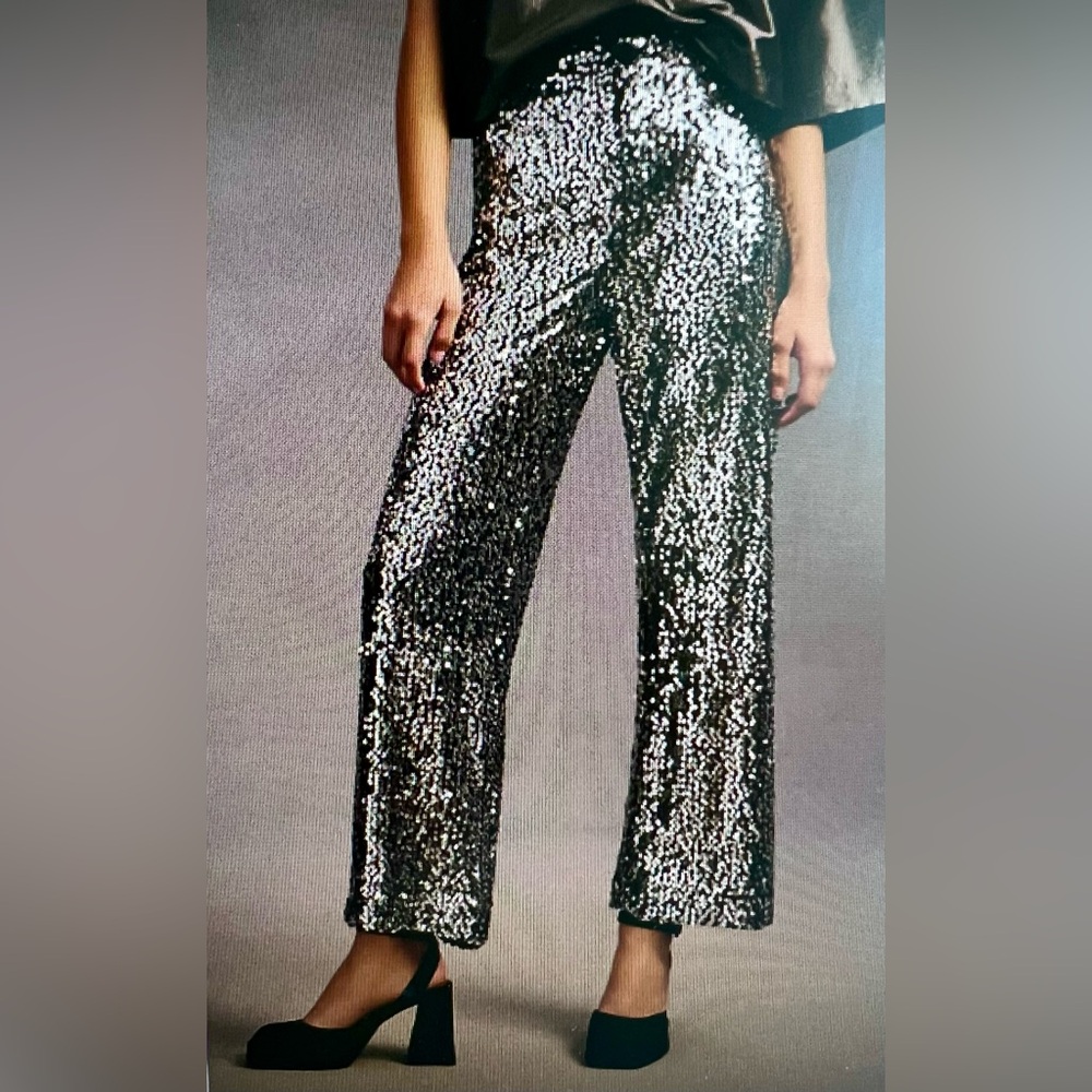 Anthropologie Silver and Black Sequin Ankle Pants